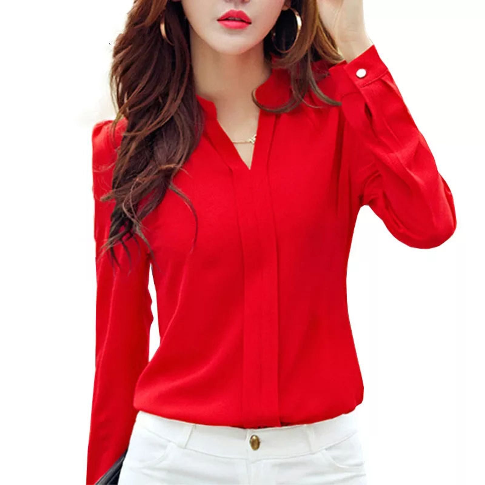 Women's Long Sleeve V Neck Chiffon Blouse - Elegant Office Wear