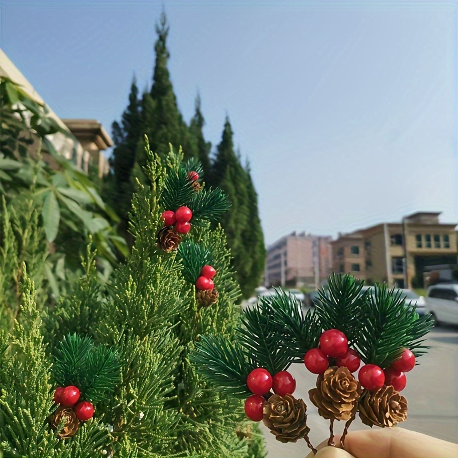 10pcs Artificial Pine Cones & Red Berry Stems for Christmas
