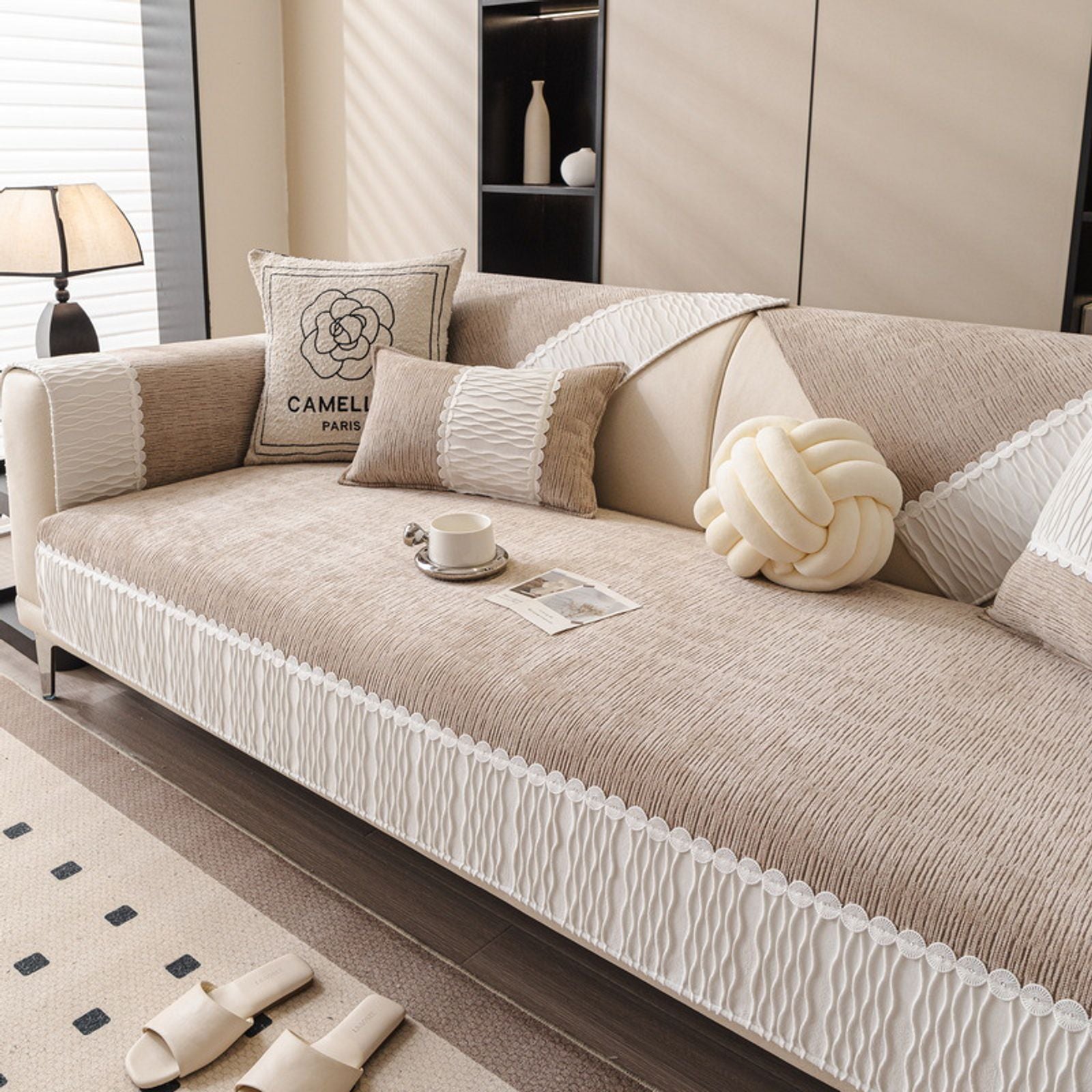 Solid Chenille Sofa Cover with Delicate Lace Decor