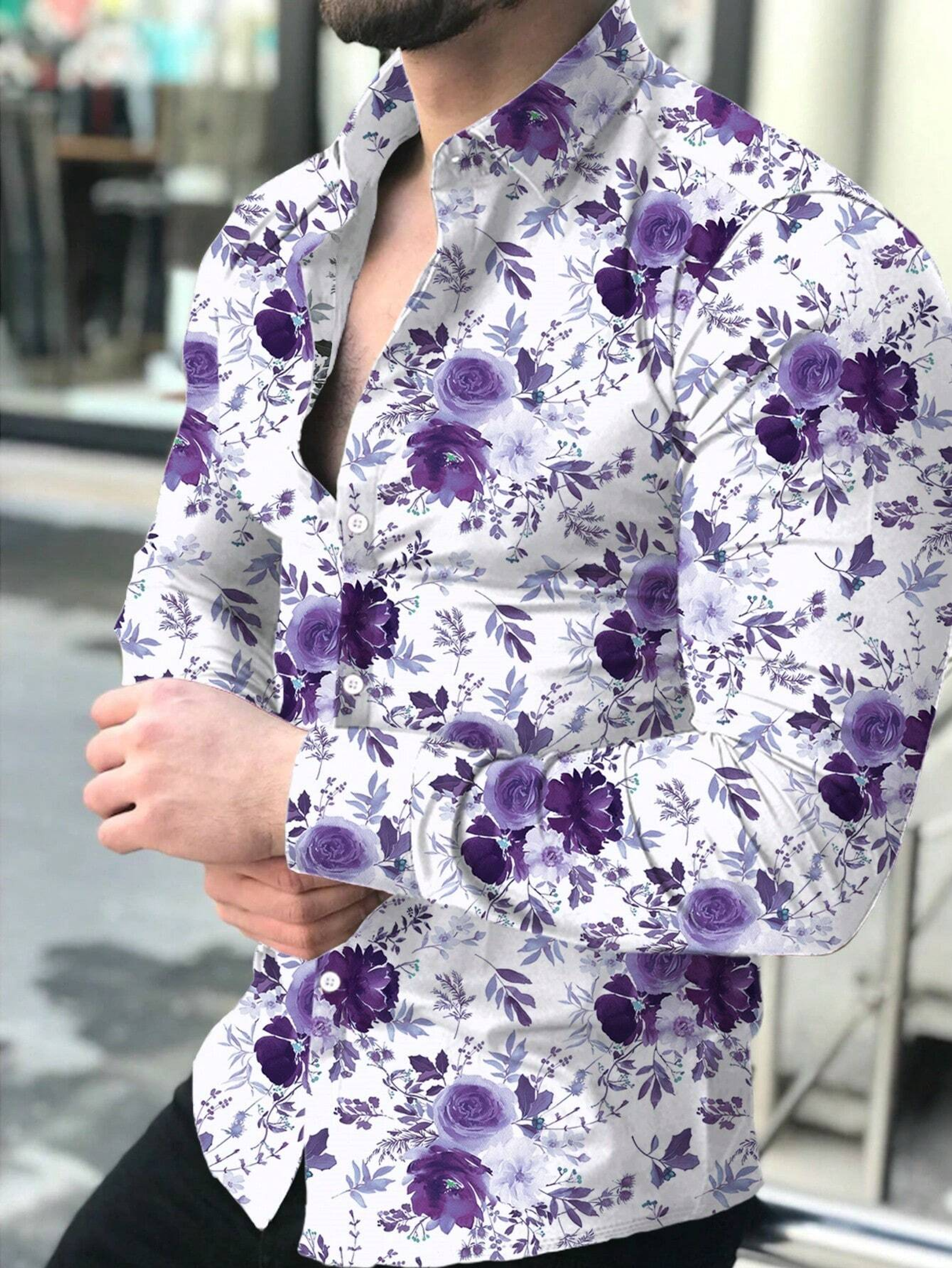 2025 Fashion Flower Print Men's Long Sleeve Shirt