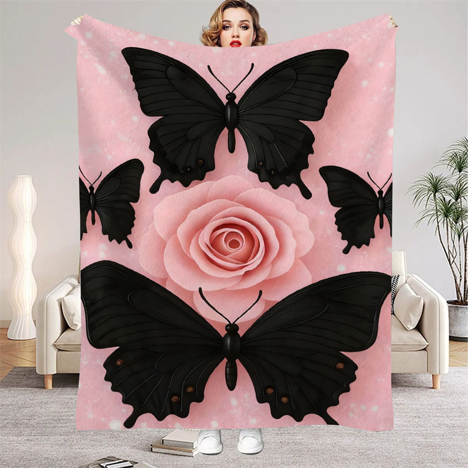 Pink Butterfly Rose Flannel Throw Blanket