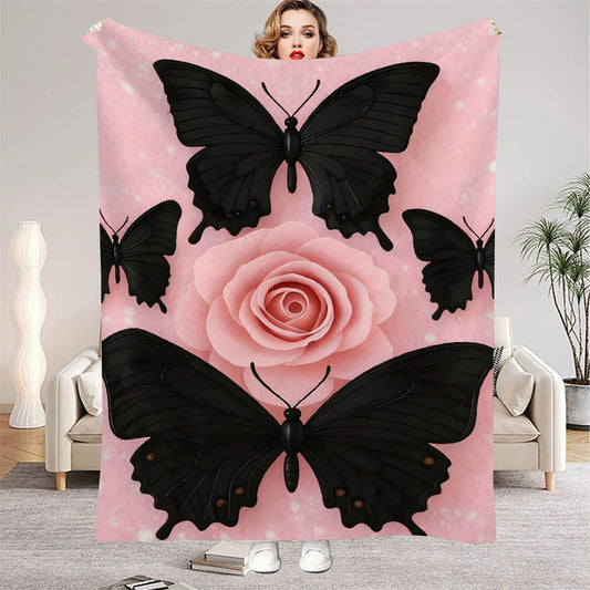 Pink Butterfly Rose Flannel Throw Blanket