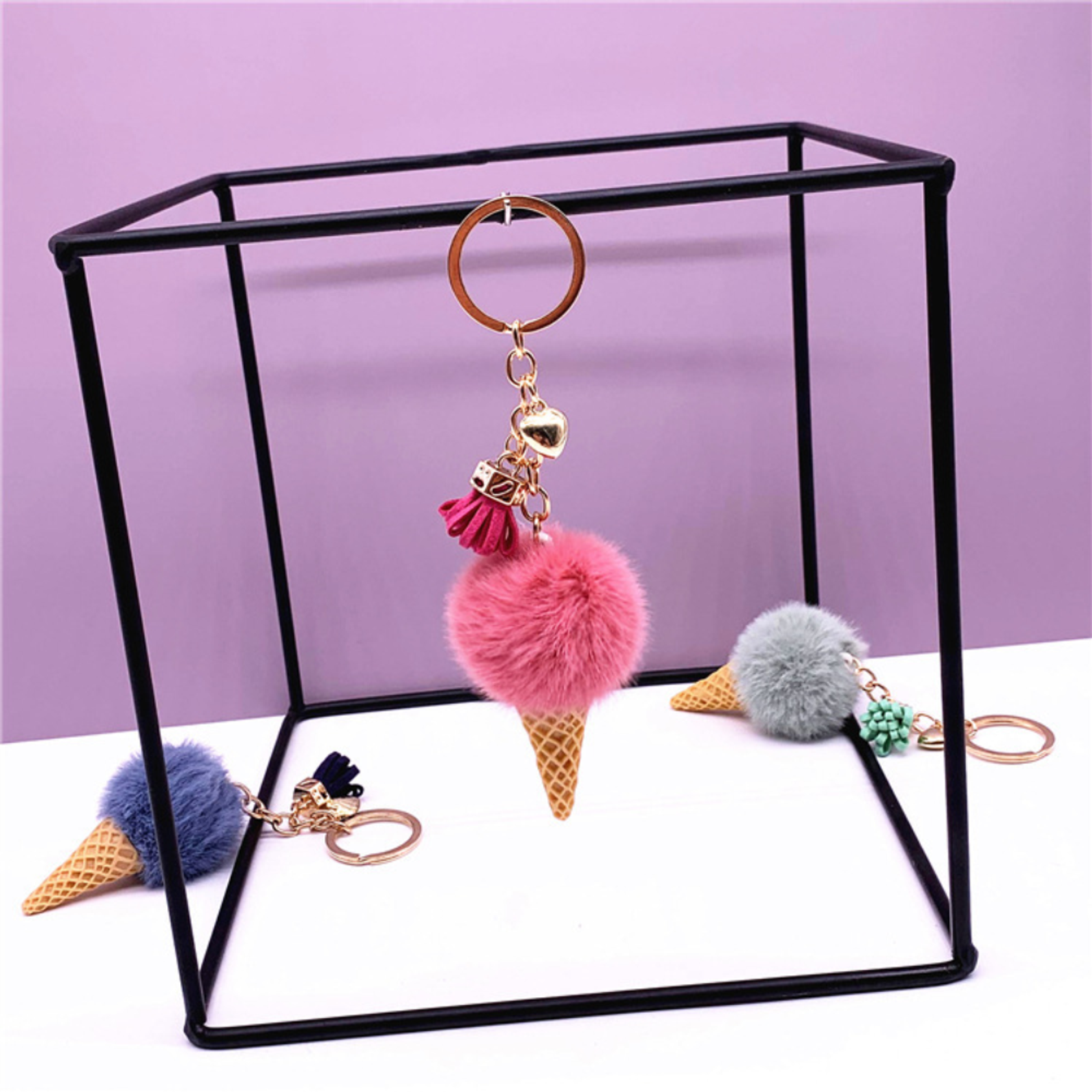 Ice Cream Plush Pompom Keychain for Bag or Jewelry