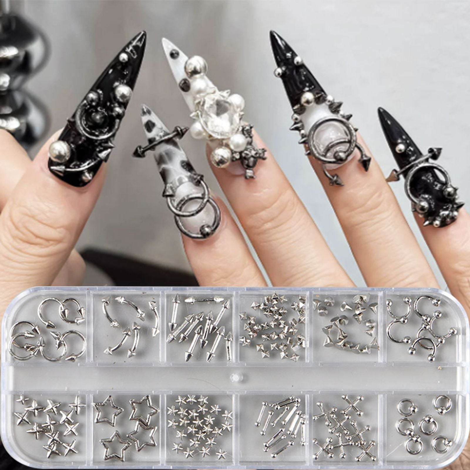 Y2K Punk Metal Nail Charms - 12 Grids Alloy Rivets