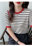 Women's Summer Stripe Knitted Round Collar T-Shirt