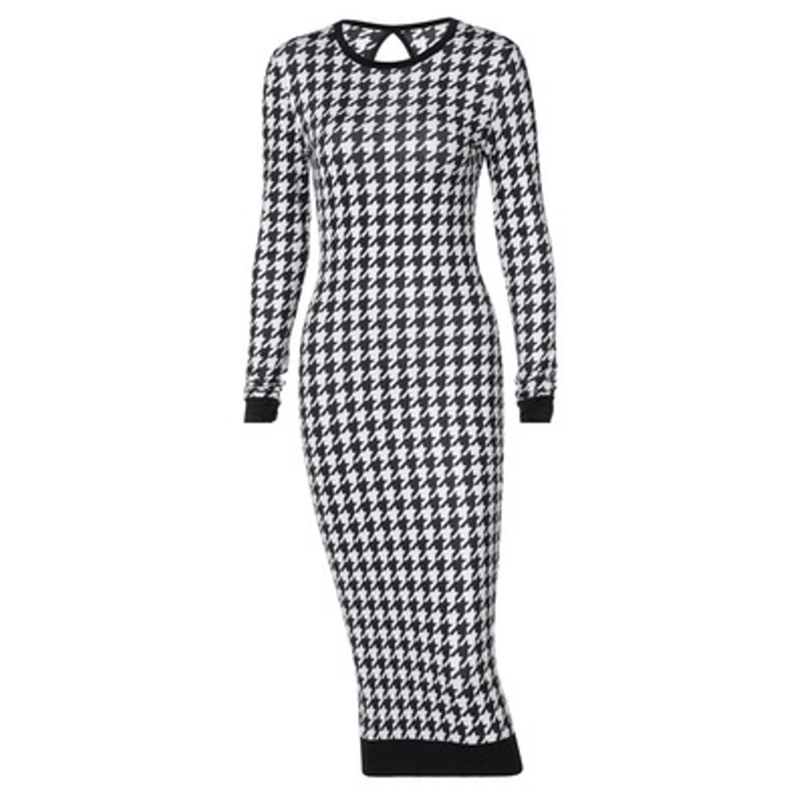 Houndstooth Print Long Sleeve Midi Dress for Women