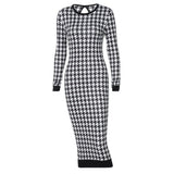 Houndstooth Print Long Sleeve Midi Dress for Women