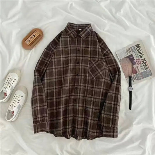 Vintage Plaid Oversized Button-Up Shirt for Women