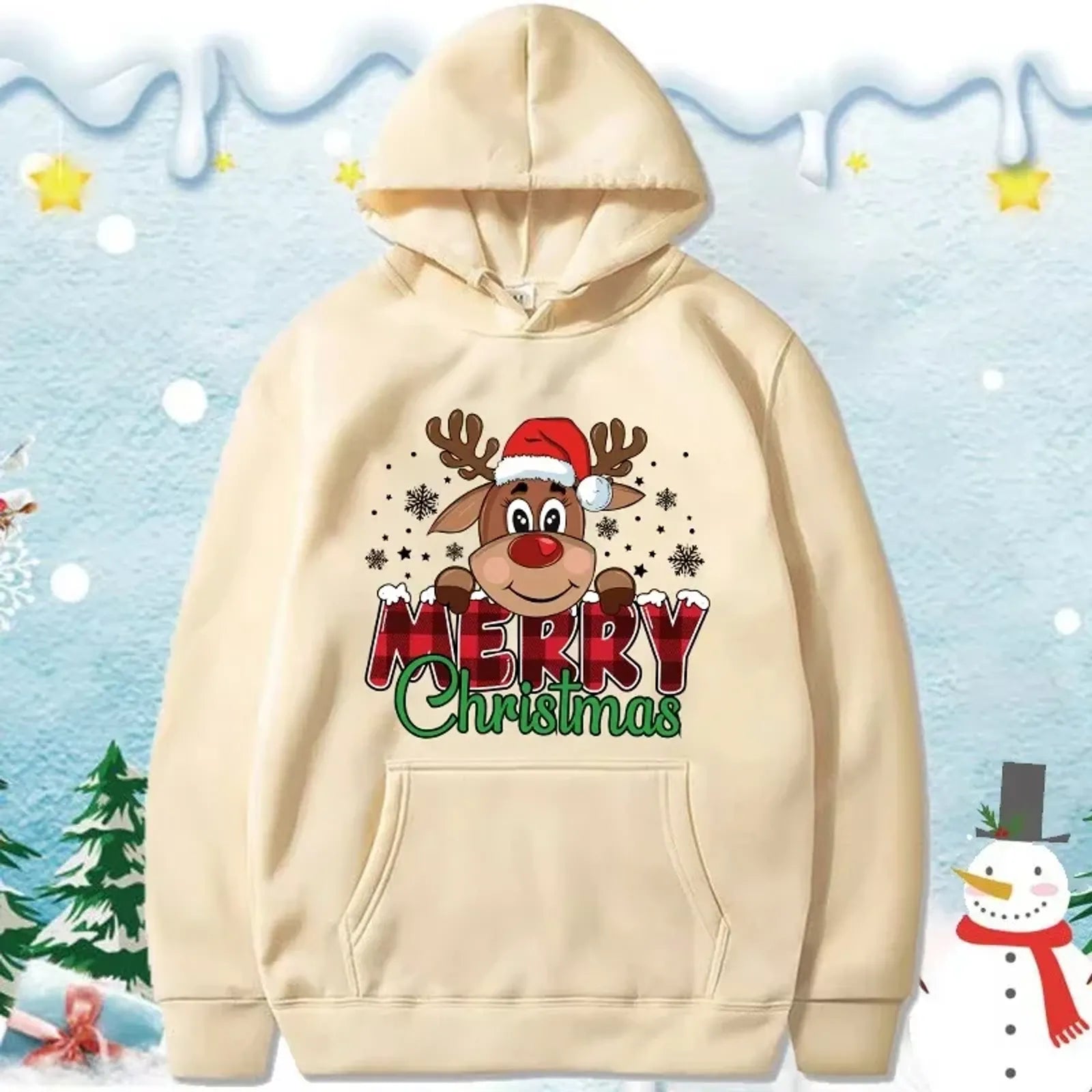 Christmas Reindeer Print Hooded Sweatshirt