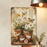 Vintage Floral Pots Butterfly Tin Sign Wall Art