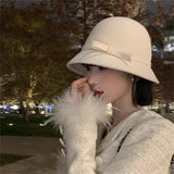 Elegant Women's Felt Dome Bucket Hat with Bowknot