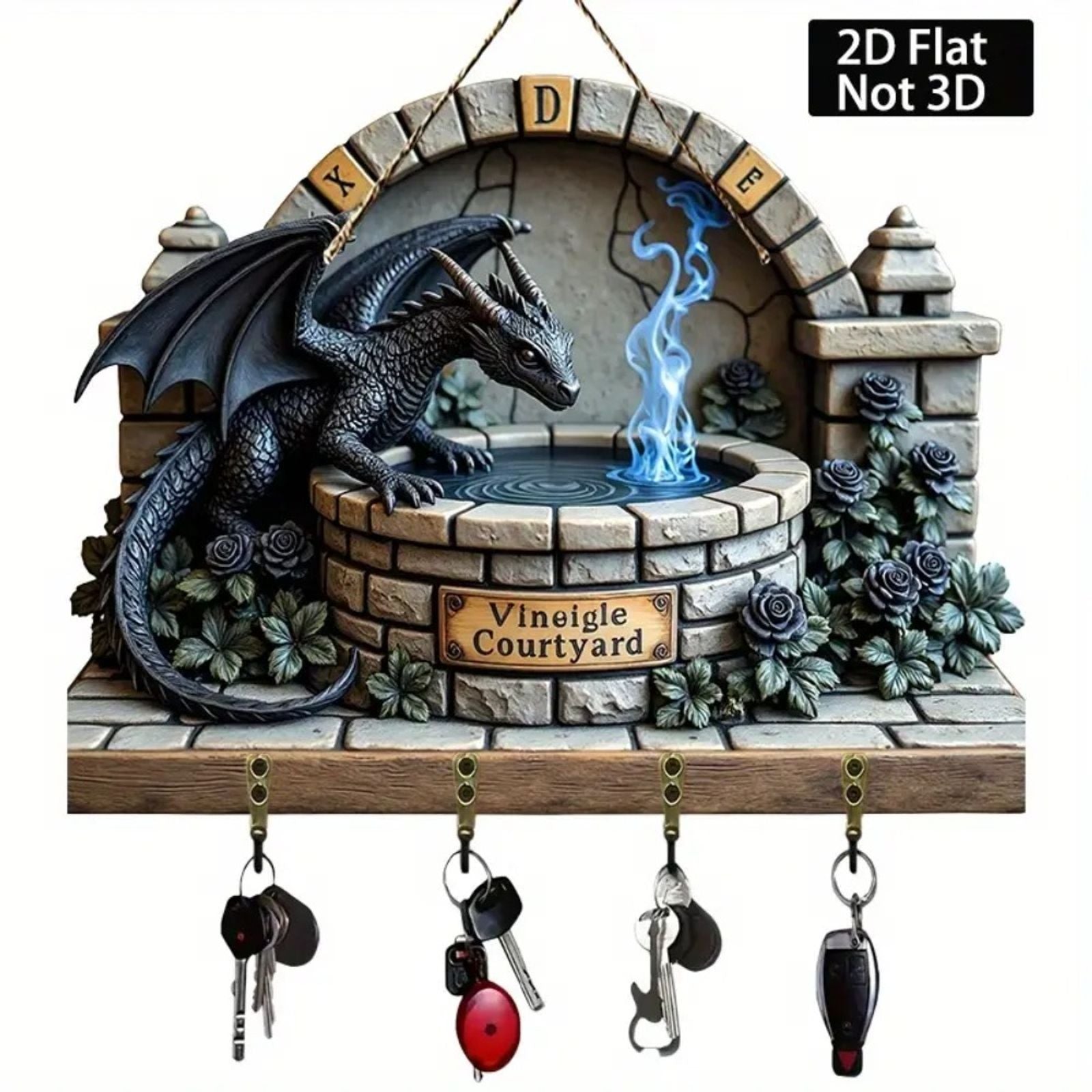 2D Dragon Pattern Wooden Key Holder with Metal Hooks