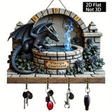 2D Dragon Pattern Wooden Key Holder with Metal Hooks