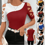 Women’s Color Block Off-Shoulder T-Shirt – Slim Fit Summer Blouse with Short Sleeves