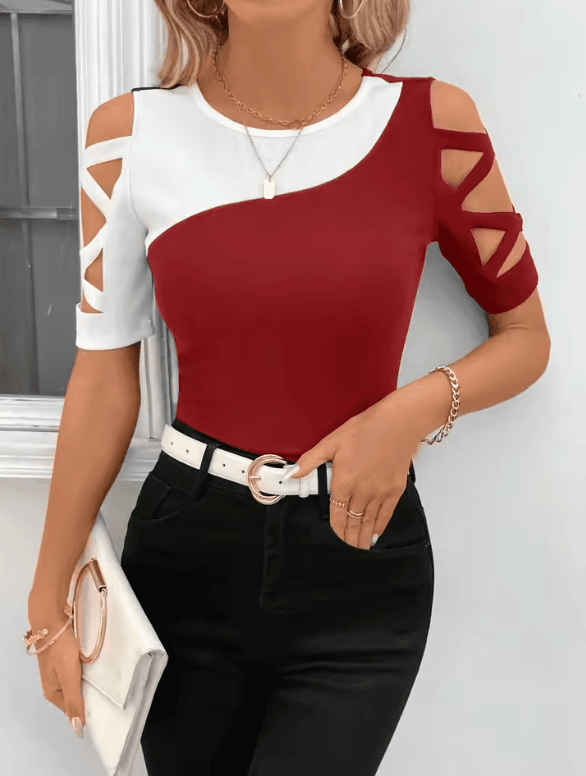 Women’s Color Block Off-Shoulder T-Shirt – Slim Fit Summer Blouse with Short Sleeves