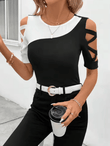 Women’s Color Block Off-Shoulder T-Shirt – Slim Fit Summer Blouse with Short Sleeves