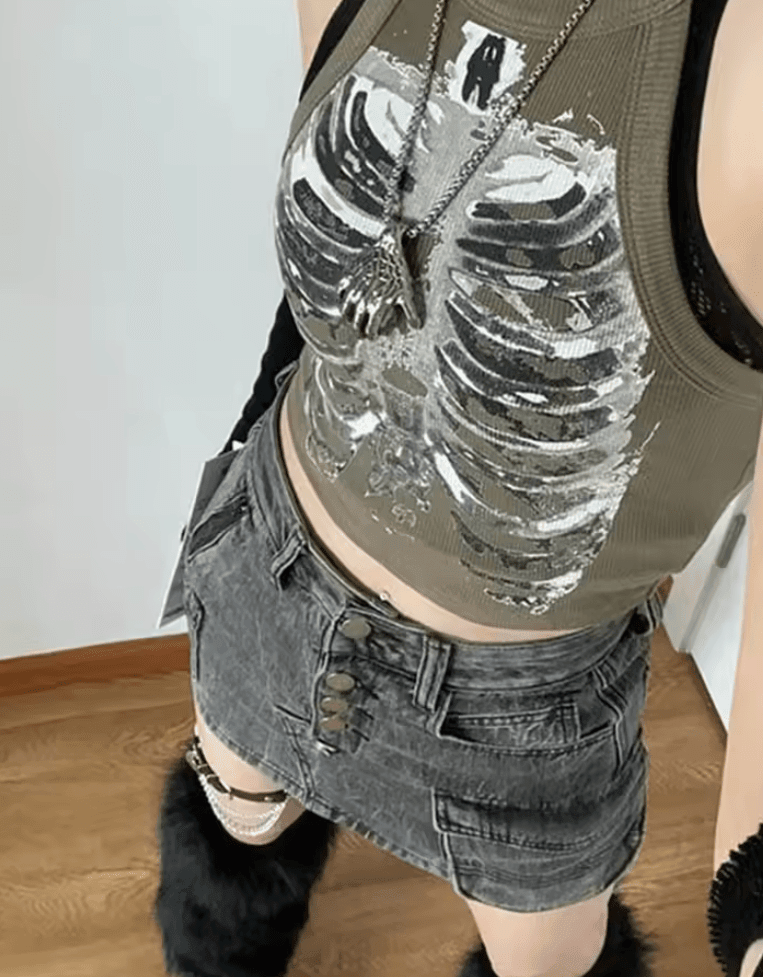 X-ray Skeleton Print Ribbed Sleeveless Vest – Army Green Crop Top for Women 2025