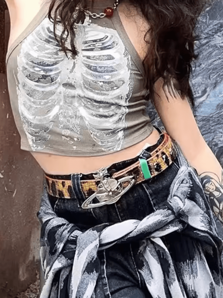 X-ray Skeleton Print Ribbed Sleeveless Vest – Army Green Crop Top for Women 2025