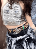 X-ray Skeleton Print Ribbed Sleeveless Vest – Army Green Crop Top for Women 2025
